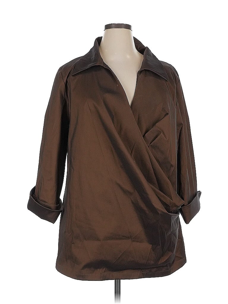 Pre-owned Tadashi 3/4 Sleeve Button Down Shirt In Brown