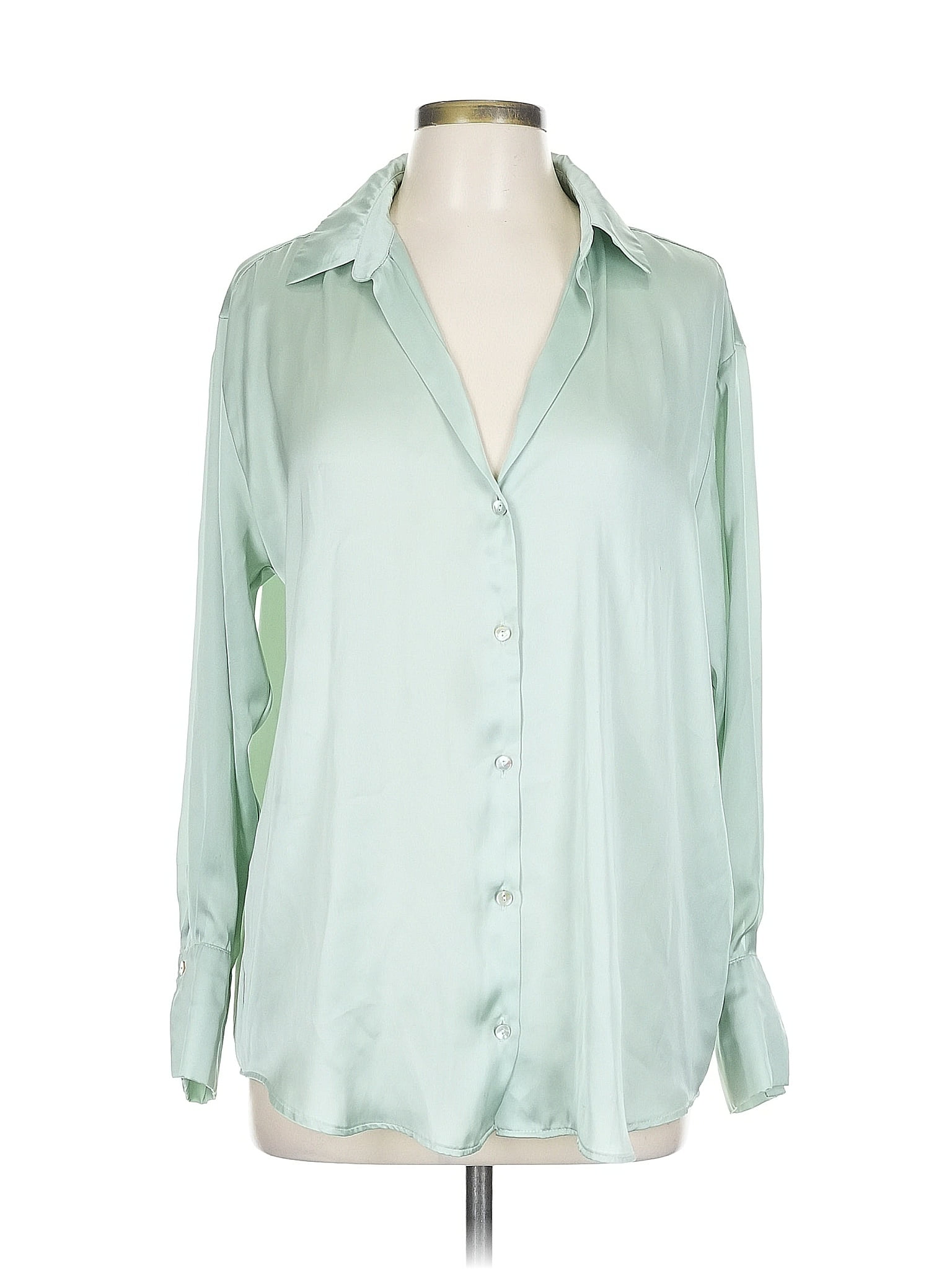 Zara 100% Polyester Green Long Sleeve Blouse Size L