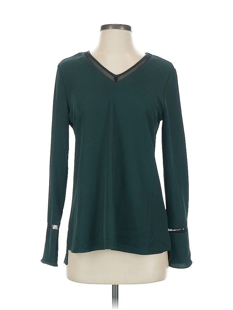 Pre-owned Calvin Klein Long Sleeve Top Teal V-neck Tops In Blue