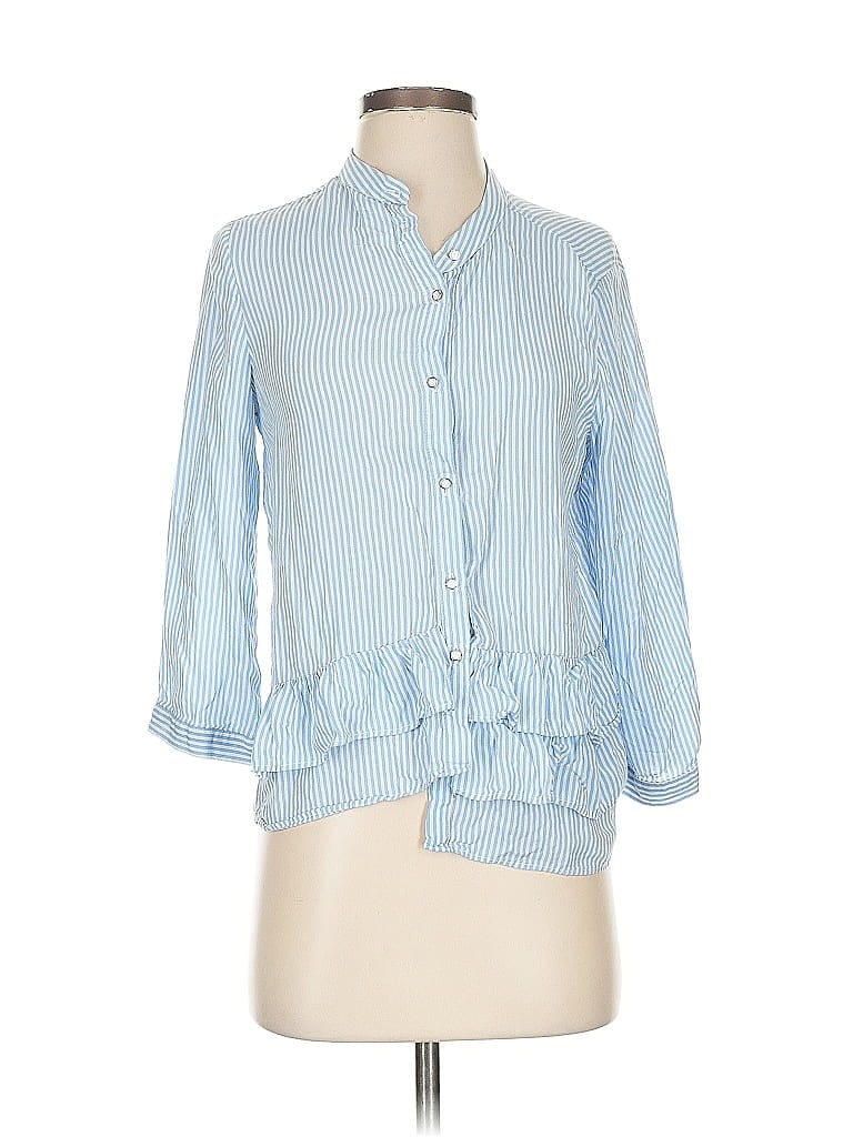 Pre-owned Zara Basic 3/4 Sleeve Button Down Shirt In Blue