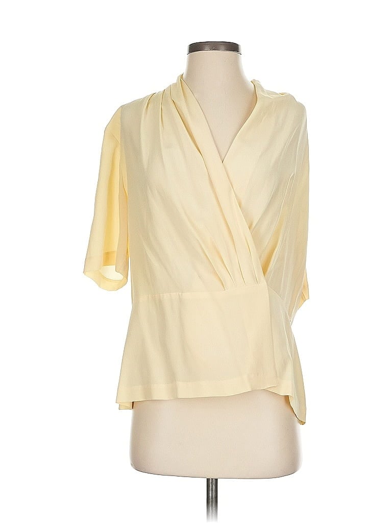 Pre-owned Evan Picone Short Sleeve Silk Top Yellow Plunge Neckline Tops