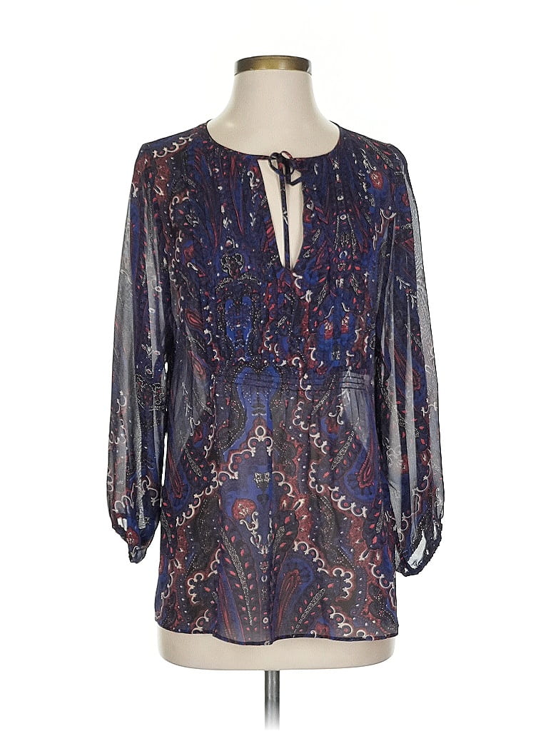 Pre-owned Joie 3/4 Sleeve Silk Top Blue Keyhole Neckline Tops