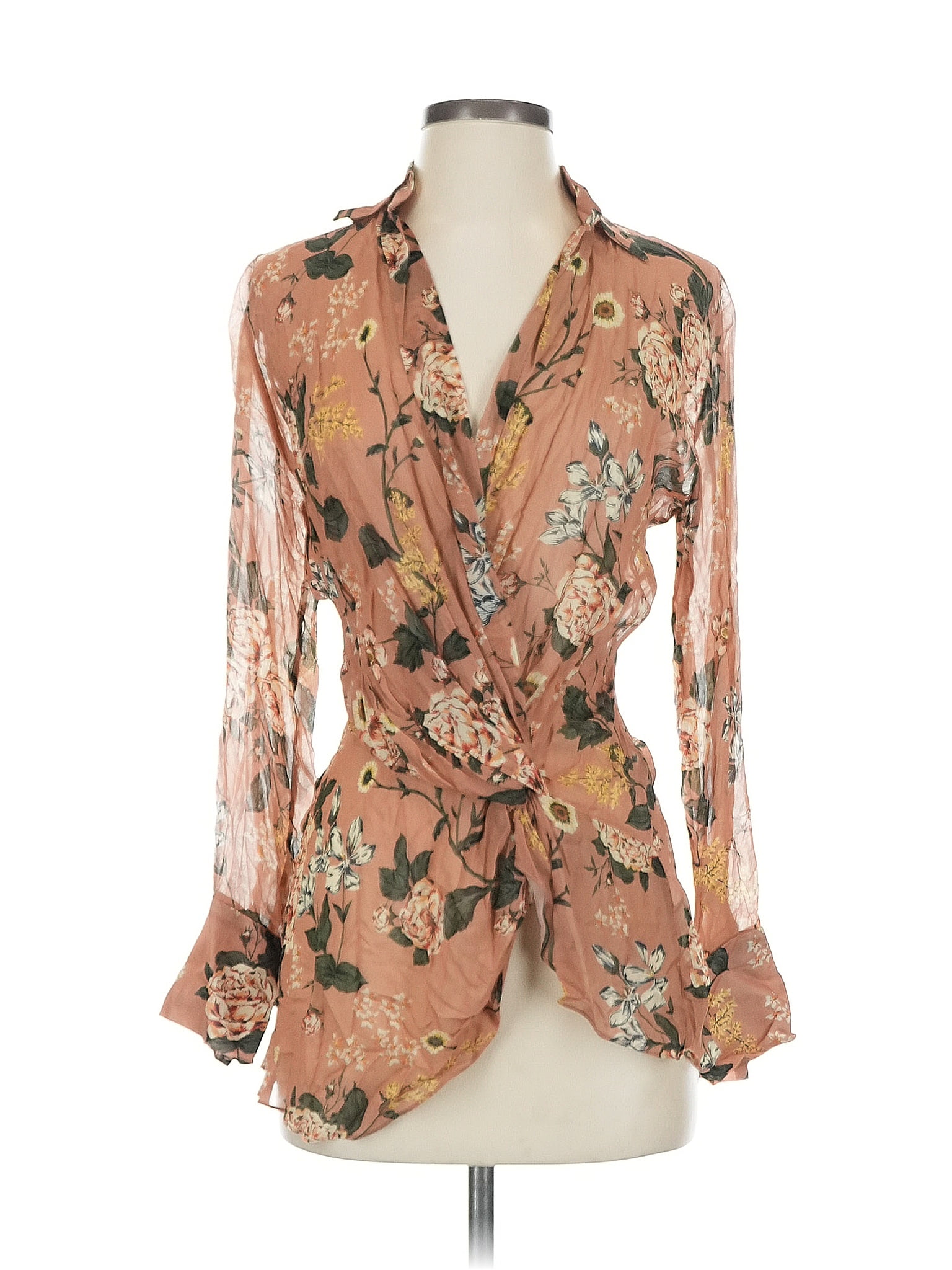 Zara 100% Viscose Brown Long Sleeve Blouse Size XS