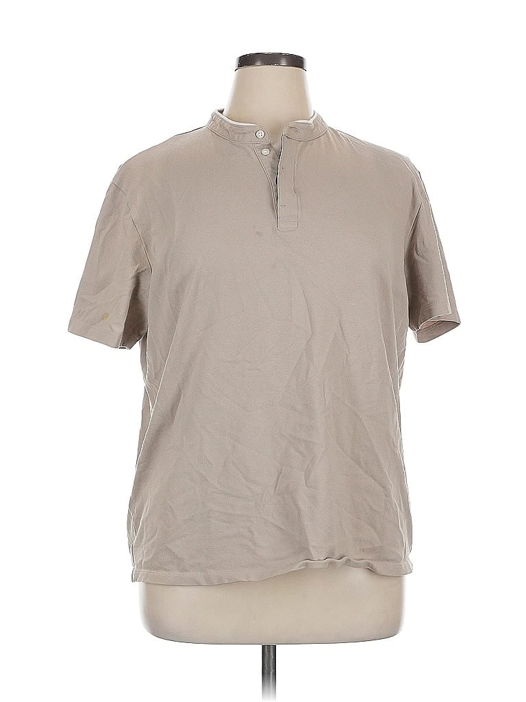 Pre-owned Open Edit Short Sleeve Top Tan Mock Neckline Tops In Brown