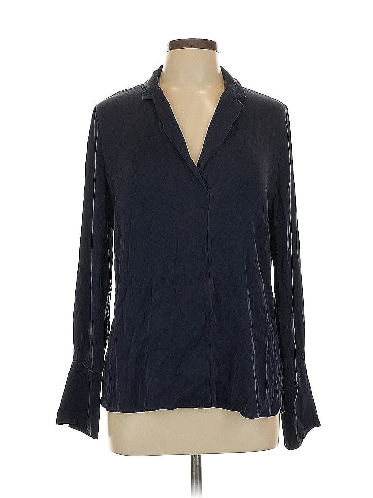 Pre-owned Unbranded Long Sleeve Silk Top Blue Open Neckline Tops