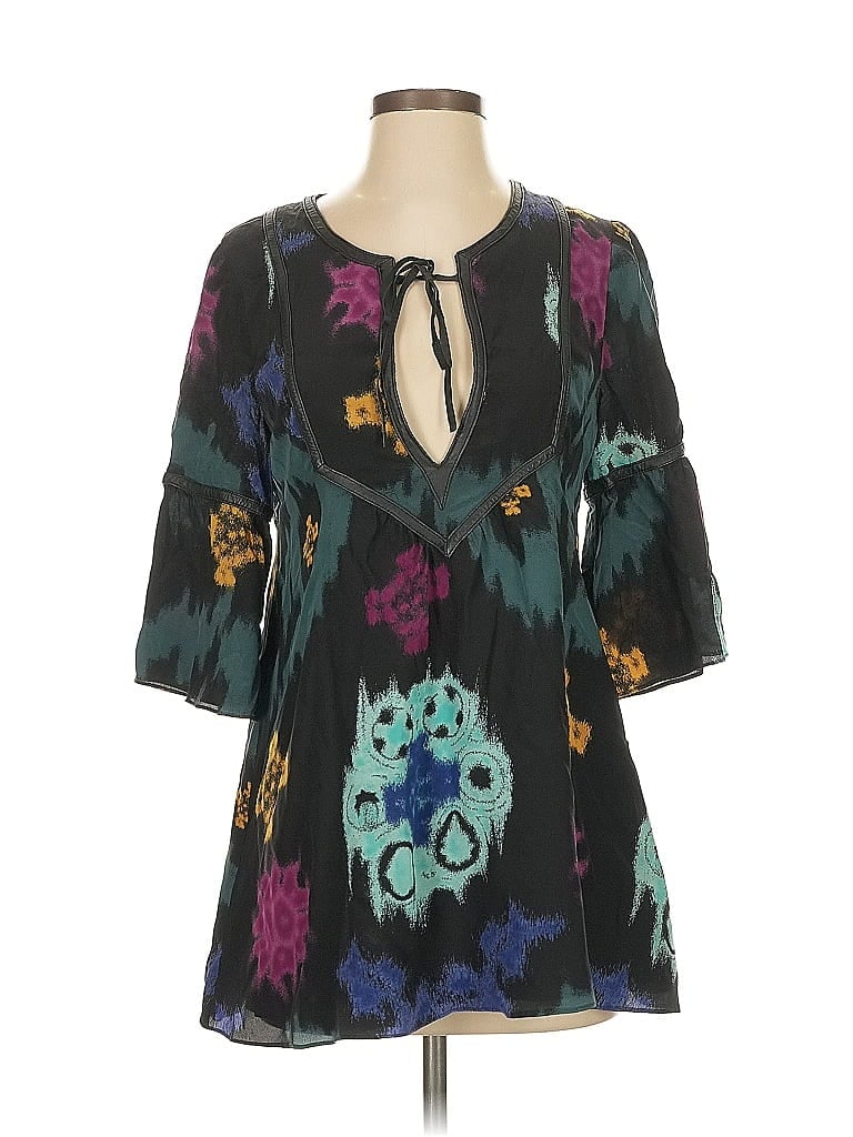 Pre-owned Hayden Harnett 3/4 Sleeve Silk Top Black Graphic Pattern Keyhole Neckline Tops