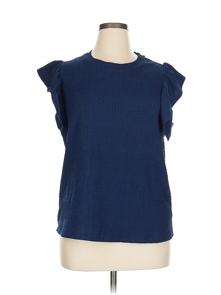 Pre-owned Bobeau Short Sleeve Top Blue Ruffles Neckline Tops