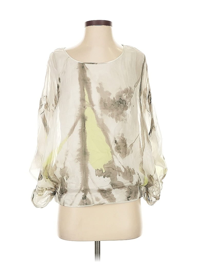 Pre-owned Diane Von Furstenberg 3/4 Sleeve Silk Top Gray Boatneck Tops