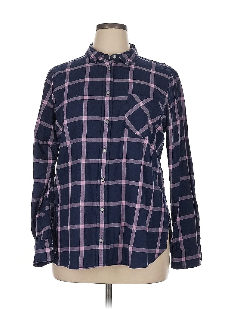 Classic 100% Cotton Plaid Blue Long Sleeve Button-Down Shirt Size 16 - photo 1