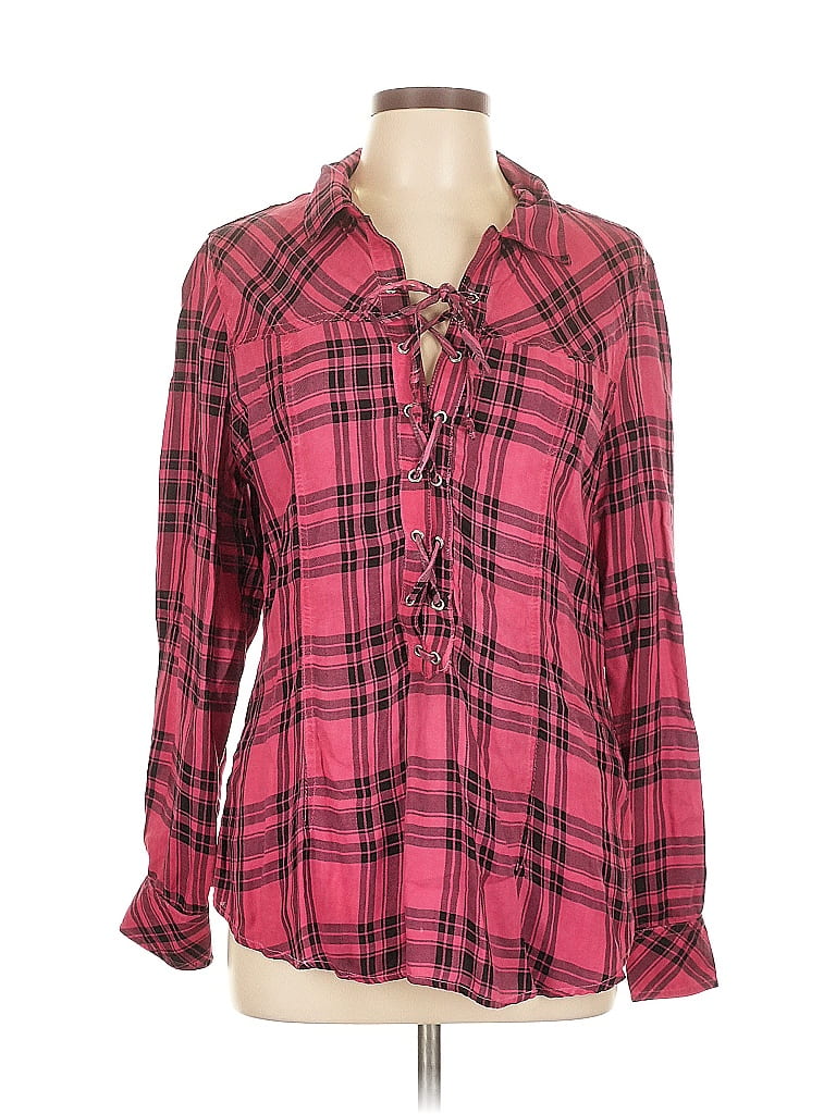 Tasha Polizzi Collection 100% Viscose Plaid Pink Long Sleeve Blouse Size L - photo 1