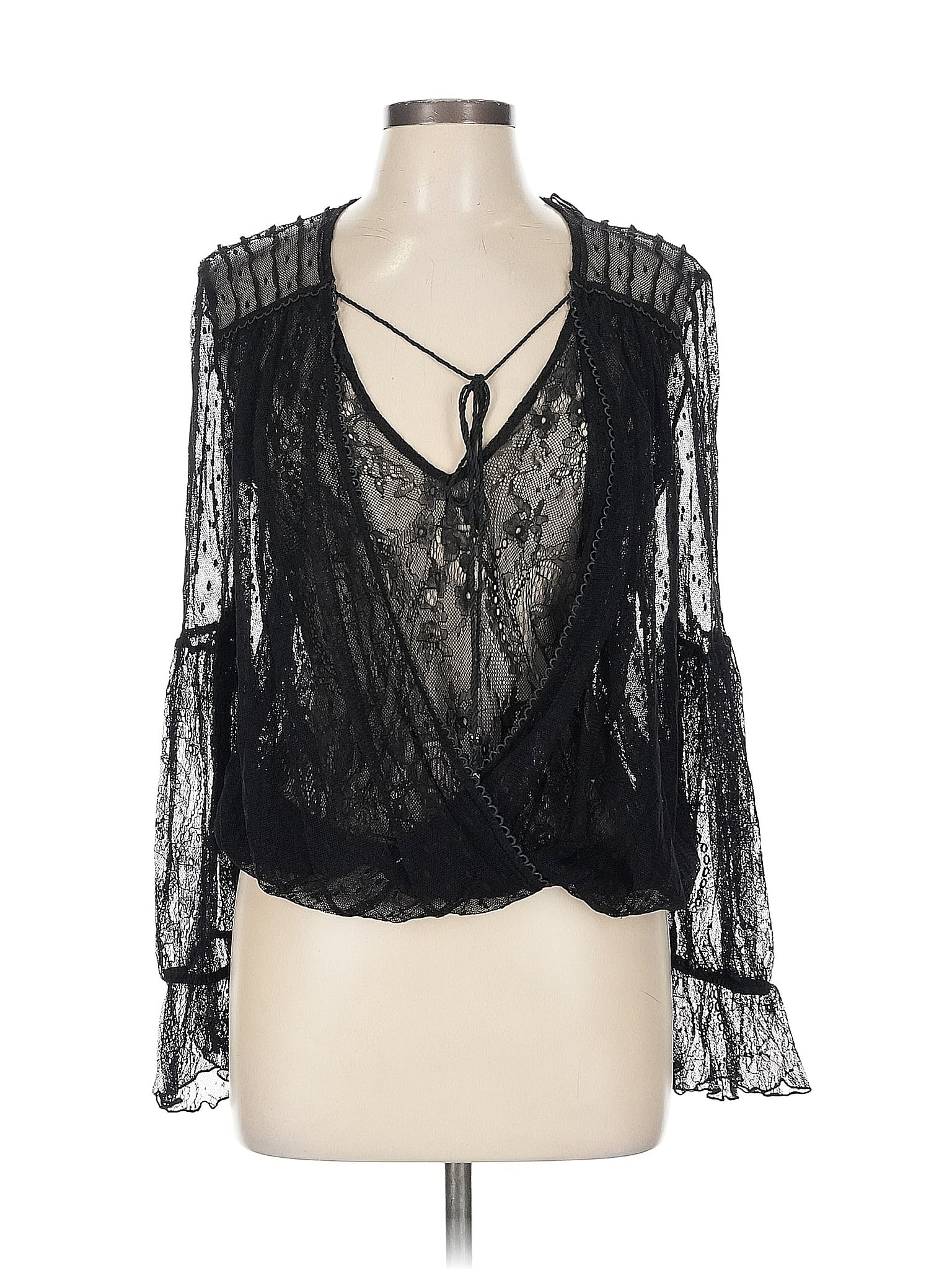 Free People 100% Nylon Black Long Sleeve Blouse Size L
