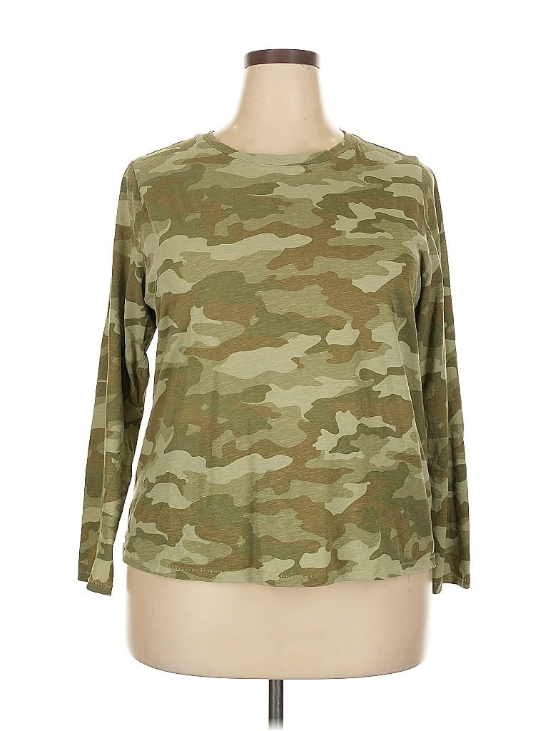 Pre-owned Sonoma Goods For Life Long Sleeve Top Green Camo Pattern Crew Neck Tops