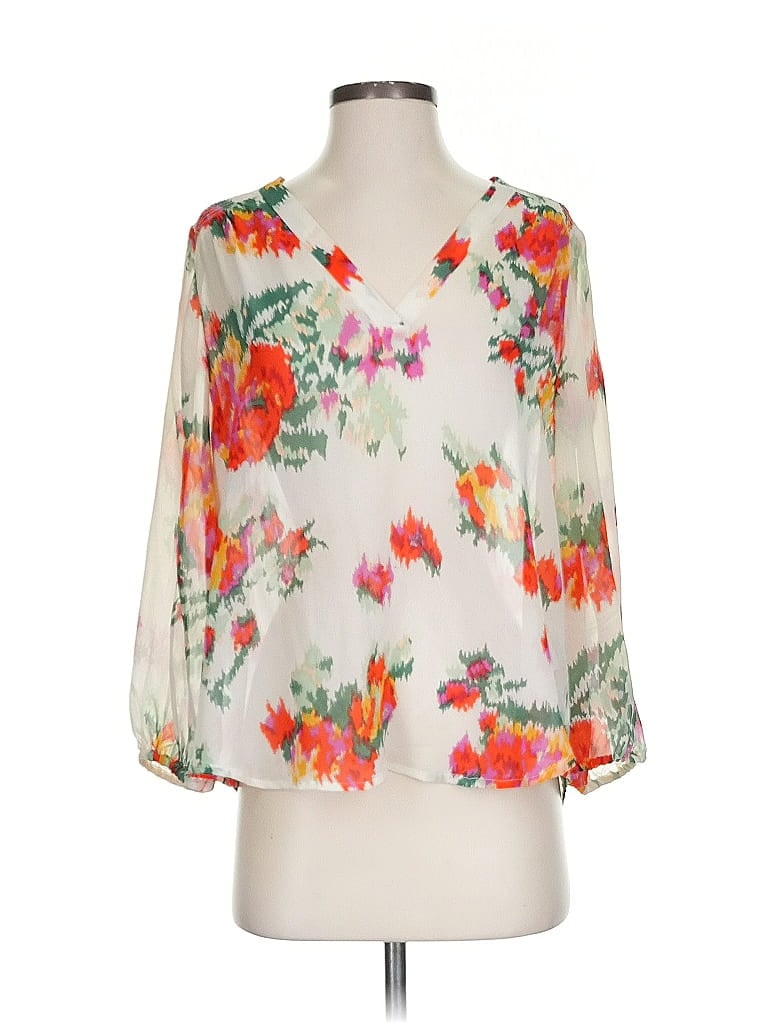 Pre-owned Joie 3/4 Sleeve Silk Top Red Floral Pattern Sweetheart Neckline Tops