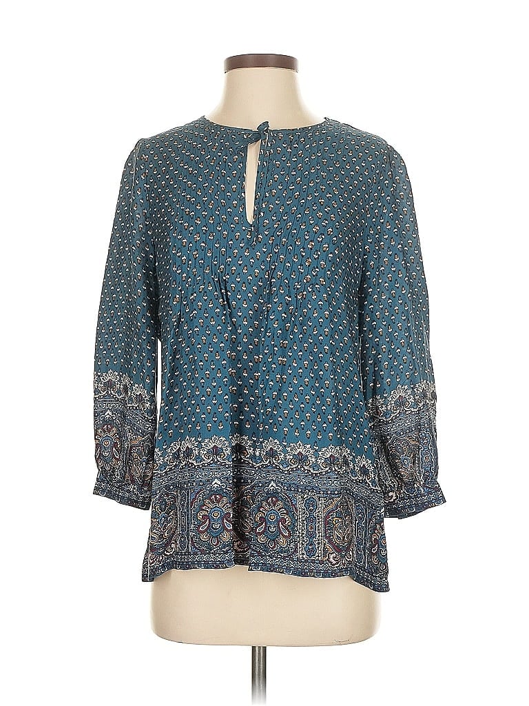 Pre-owned Joie 3/4 Sleeve Silk Top Teal Keyhole Neckline Tops In Blue