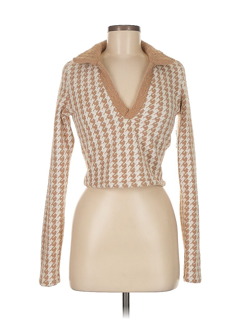Bershka 100% Polyester Houndstooth Tan Pullover Sweater Size M - photo 1