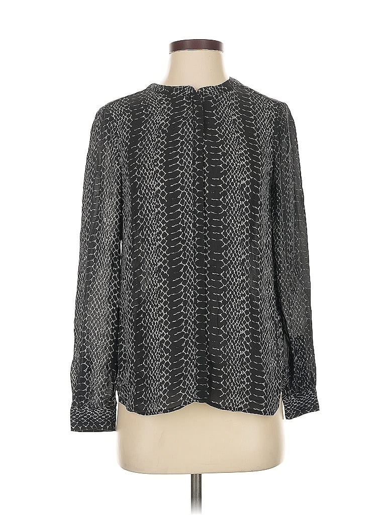 Click to view more detailed imagery on our partner's website Pre-owned Joie Long Sleeve Silk Top Gray Chevron/herringbone Pattern Mock Neckline Tops