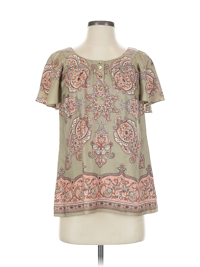 Pre-owned Michael Michael Kors Short Sleeve Silk Top Green Sweetheart Neckline Tops