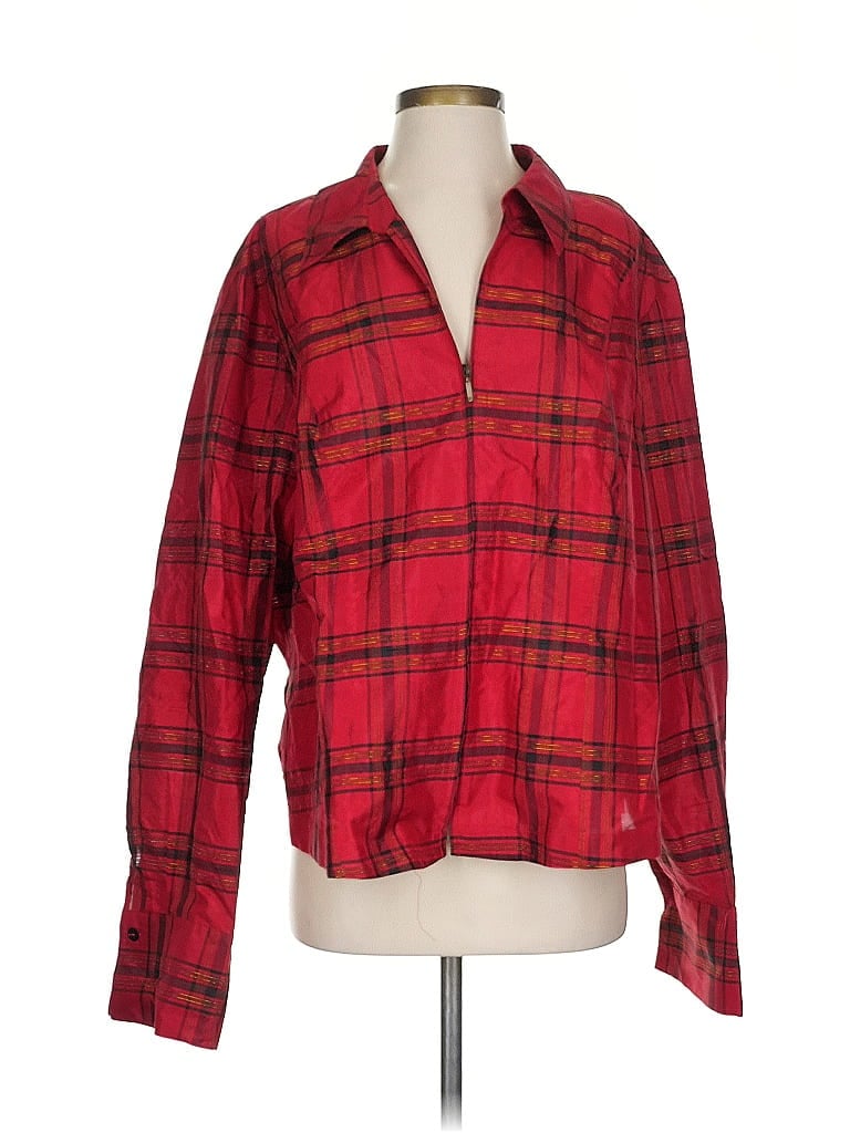 Pre-owned Coldwater Creek Long Sleeve Silk Top Red Plaid Pattern Square Neckline Tops