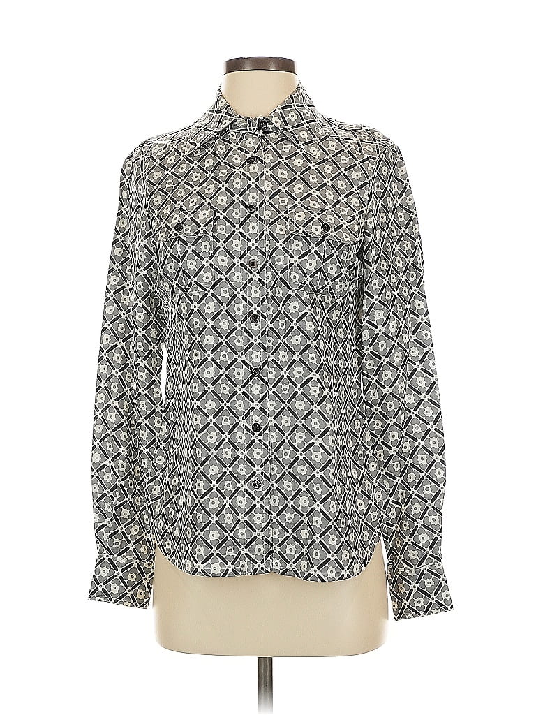 Pre-owned Worth Long Sleeve Silk Top Gray Collared Neckline Tops