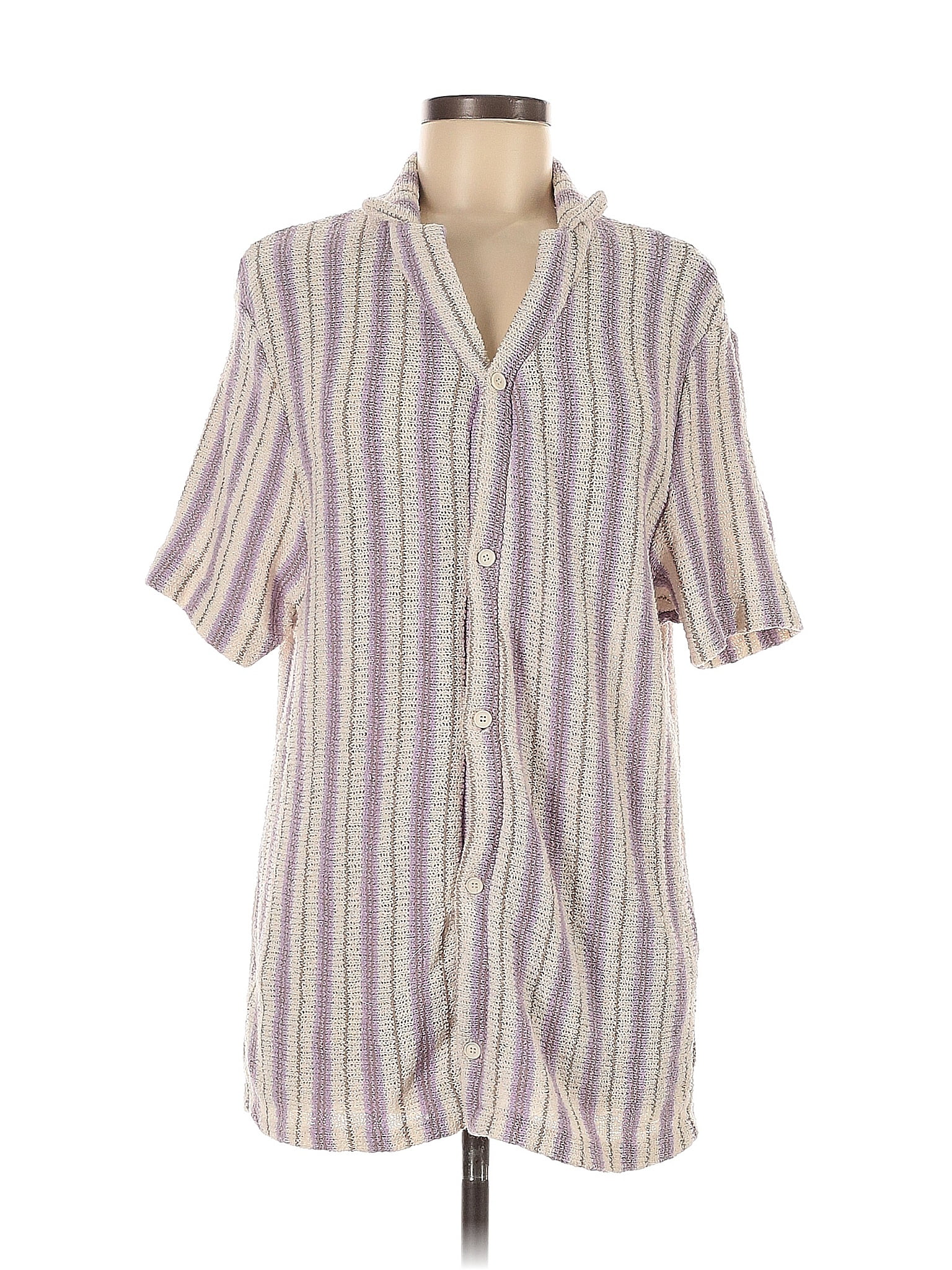 Zara Stripes Purple Short Sleeve Button-Down Shirt Size L