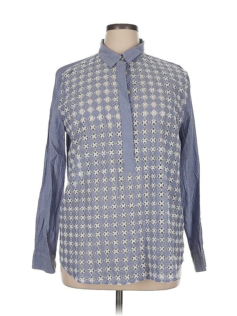 Ann Taylor LOFT Houndstooth Blue Long Sleeve Button-Down Shirt Size XL - photo 1