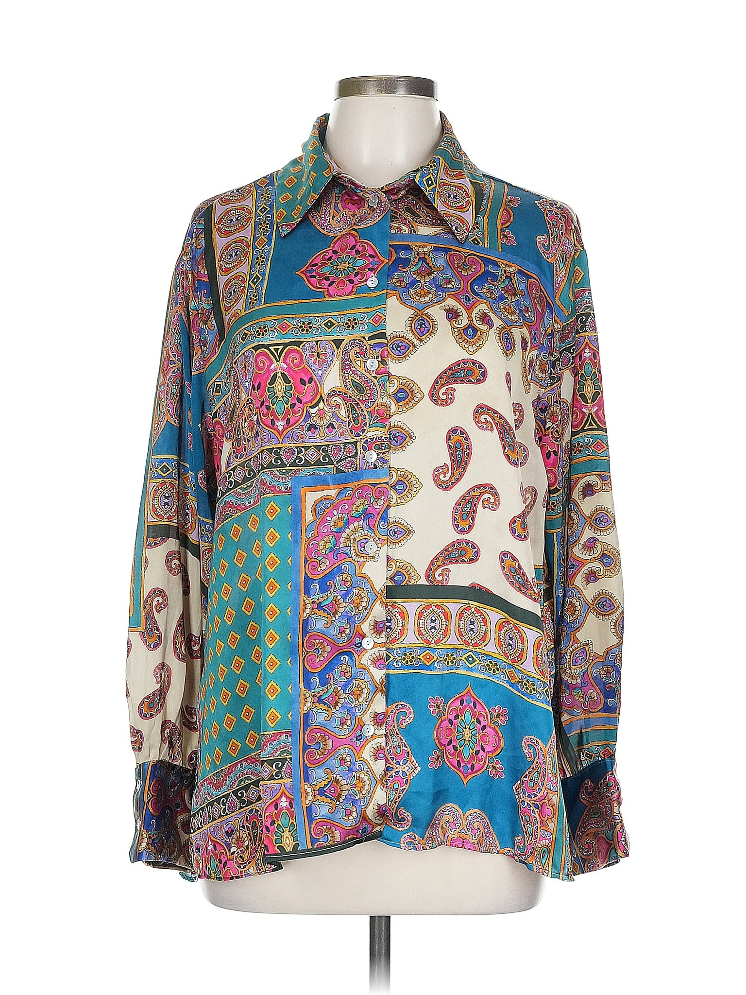 Zara Paisley Teal Long Sleeve Blouse Size L