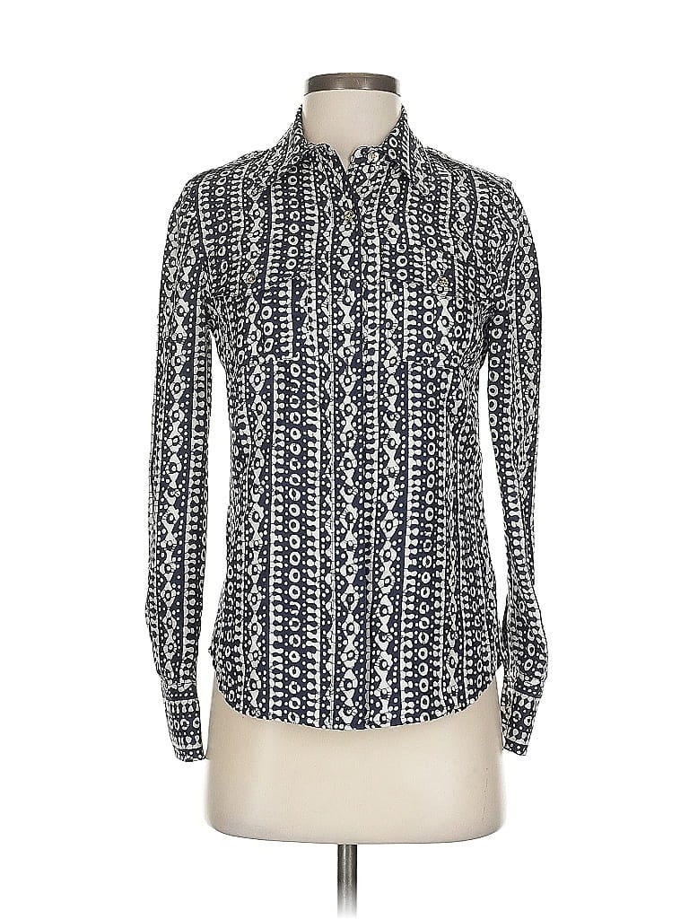 Pre-owned Tory Burch Long Sleeve Silk Top Blue Print Pattern Collared Neckline Tops