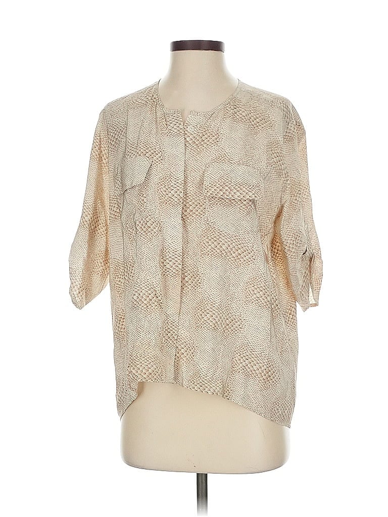 Pre-owned Amanda Uprichard 3/4 Sleeve Silk Top Tan V Neck Tops In Brown