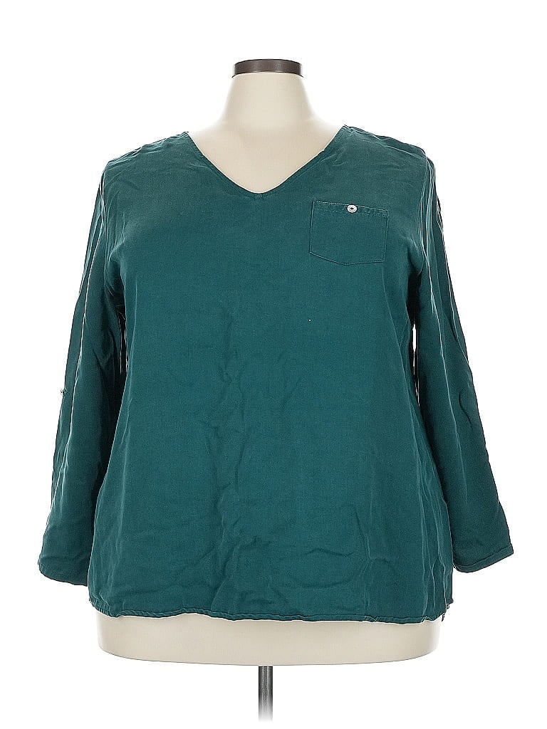 Pre-owned Soft Surroundings 3/4 Sleeve Top Teal Solid Pattern V Neck Tops In Blue