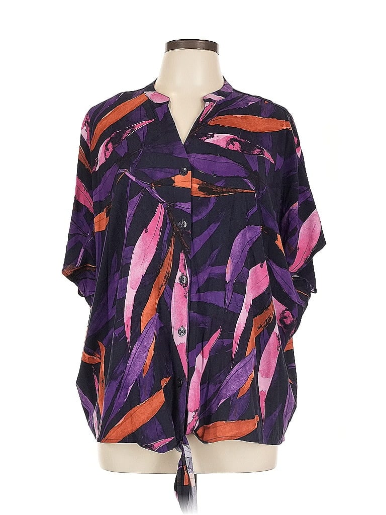 IMAN Color Block Purple Short Sleeve Button-Down Shirt Size L - photo 1
