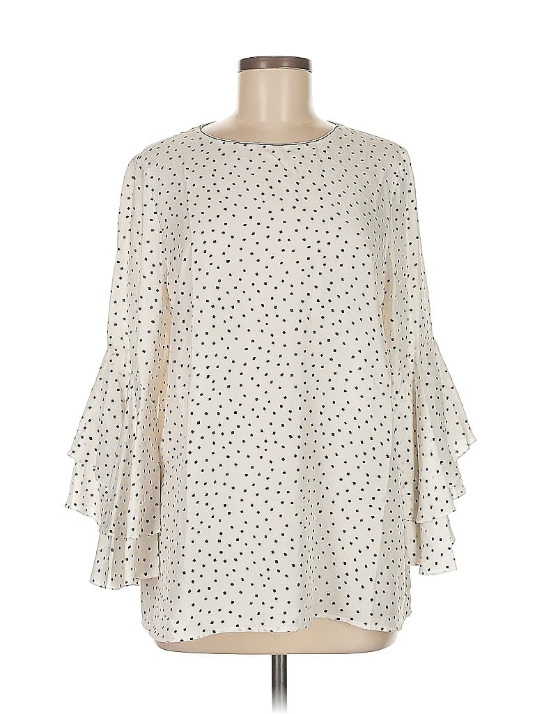 Pre-owned Lafayette 148 3/4 Sleeve Silk Top White Ruffles Neckline Tops