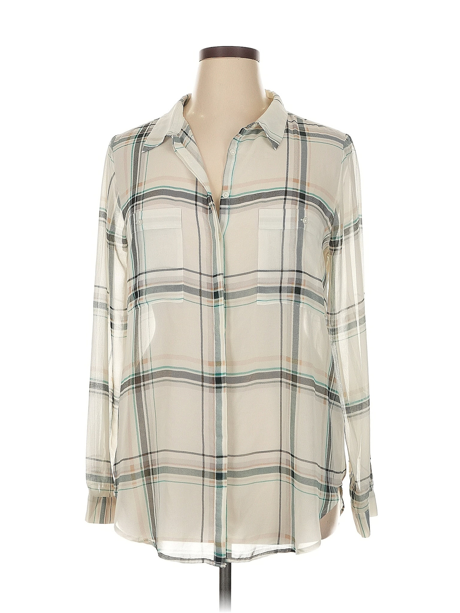 White House Black Market 100% Polyester Plaid Ivory Long Sleeve Blouse Size 14