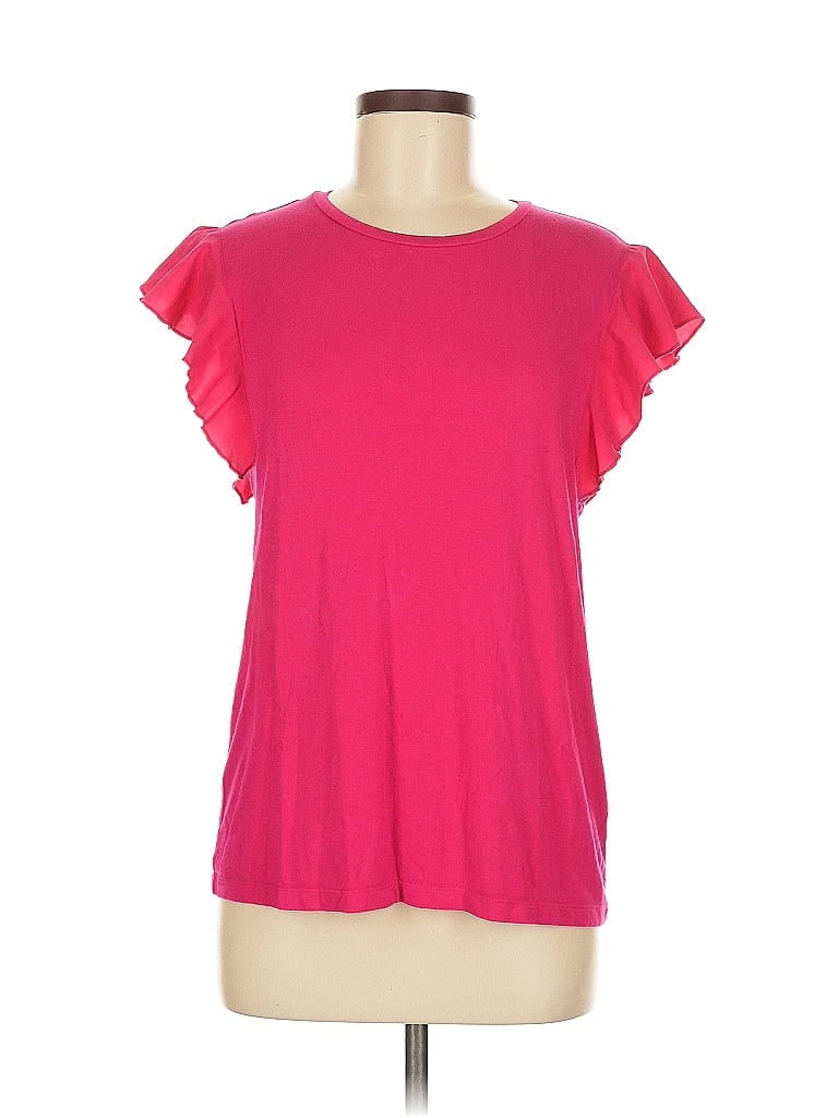 Pre-owned Dkny Short Sleeve Top Pink Ruffles Neckline Tops
