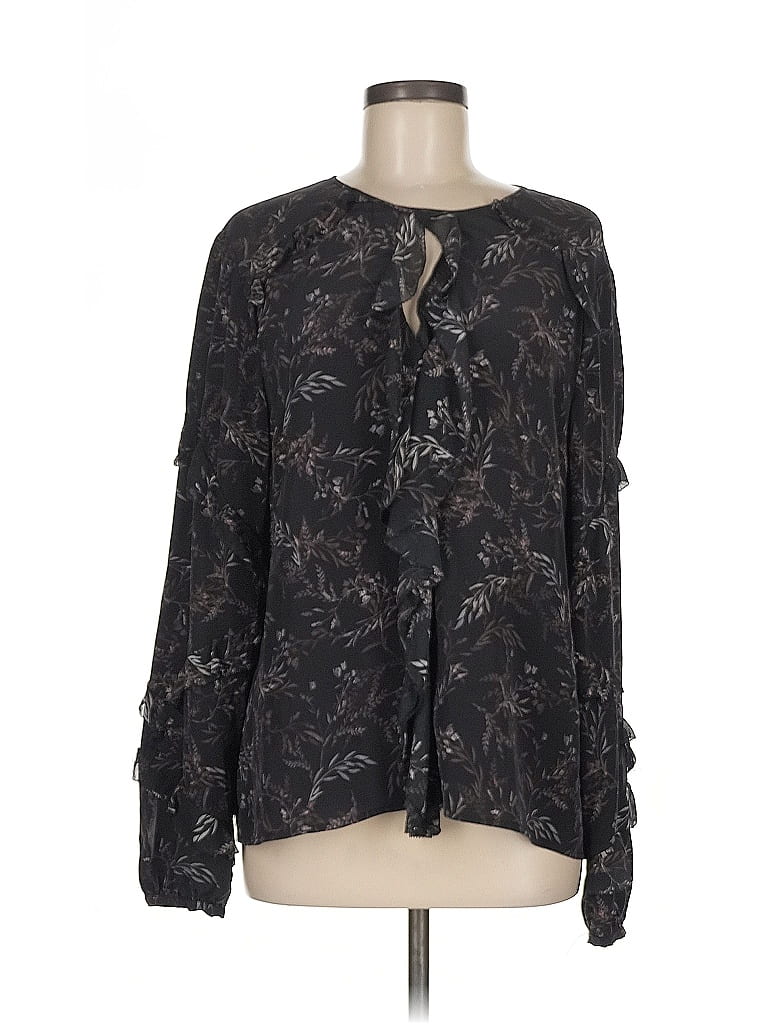 Pre-owned Ecru Long Sleeve Silk Top Black Keyhole Neckline Tops