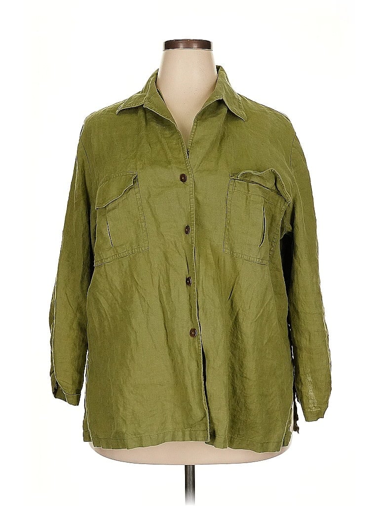 Pre-owned Linda Allard Ellen Tracy 3/4 Sleeve Button Down Shirt In Green