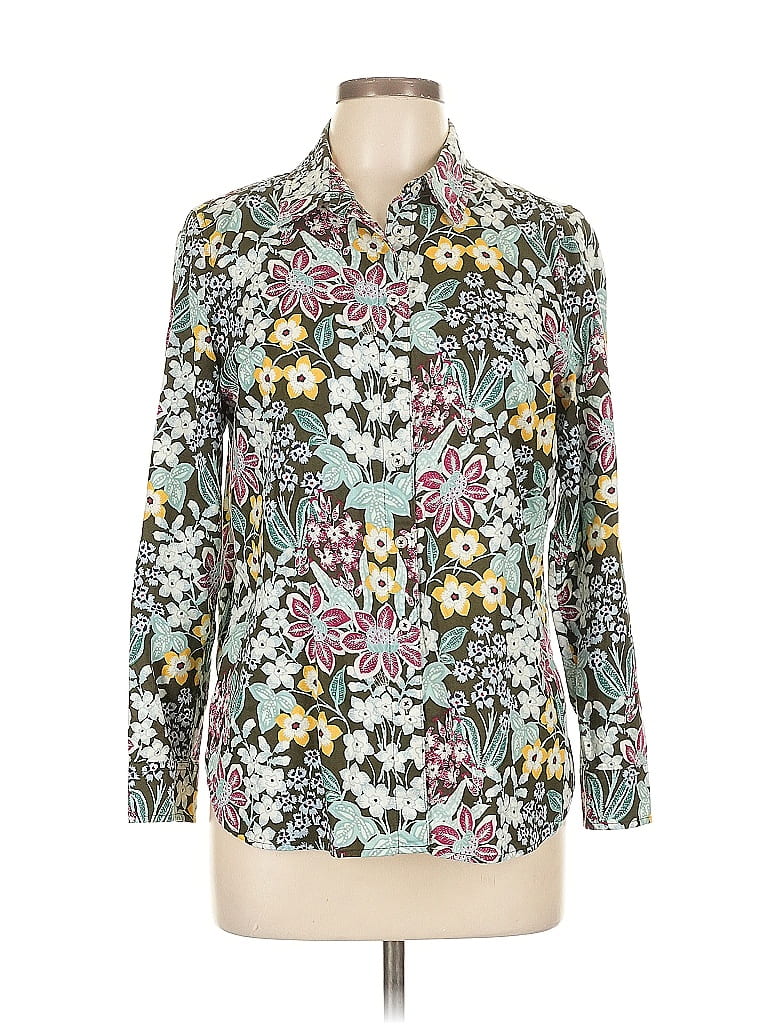 Talbots Outlet 100 Cotton Floral Green Long Sleeve Blouse Size L 44