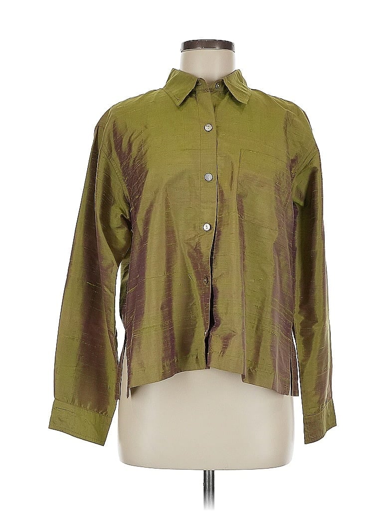 Chico's Design 100% Silk Metallic Green Long Sleeve Silk Top Size Med (1) - photo 1