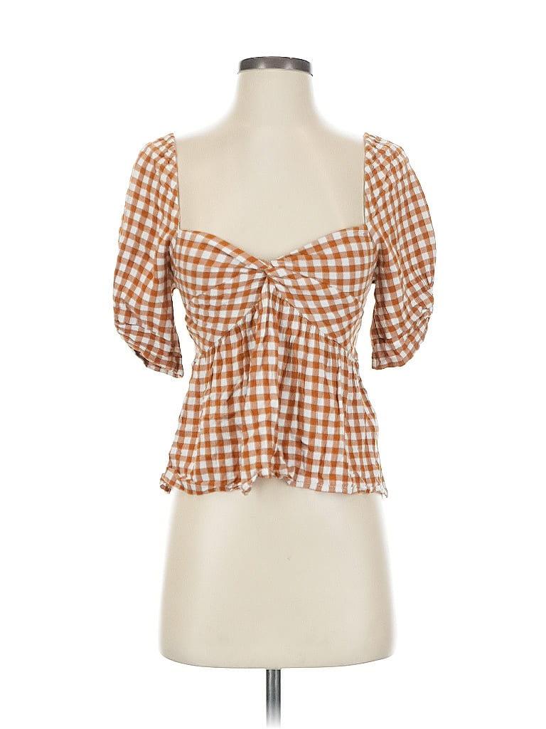 Saylor 100% Viscose Checkered-gingham Orange Yellow 3/4 Sleeve Blouse Size XXS (estimated) - photo 1