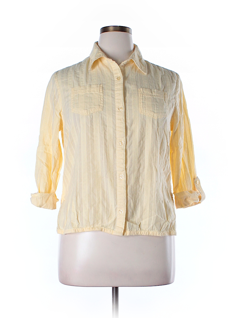 Baxter & Wells 100% Cotton Stripes Yellow 3/4 Sleeve Button-Down Shirt ...