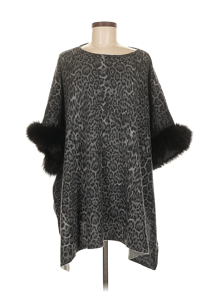 Sofia Cashmere 100% Cashmere Gray Black Fox Fur Trimmed Poncho One size - photo 1