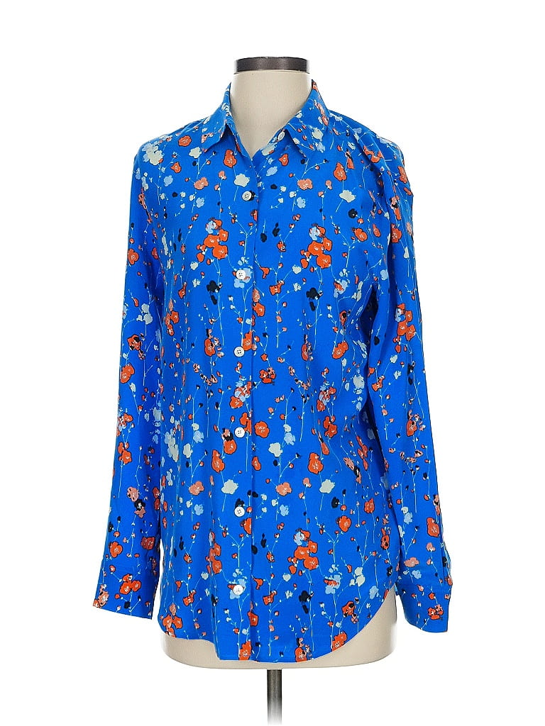 Click to view more detailed imagery on our partner's website Pre-owned Equipment Long Sleeve Silk Top Blue Stars Pattern Collared Neckline Tops
