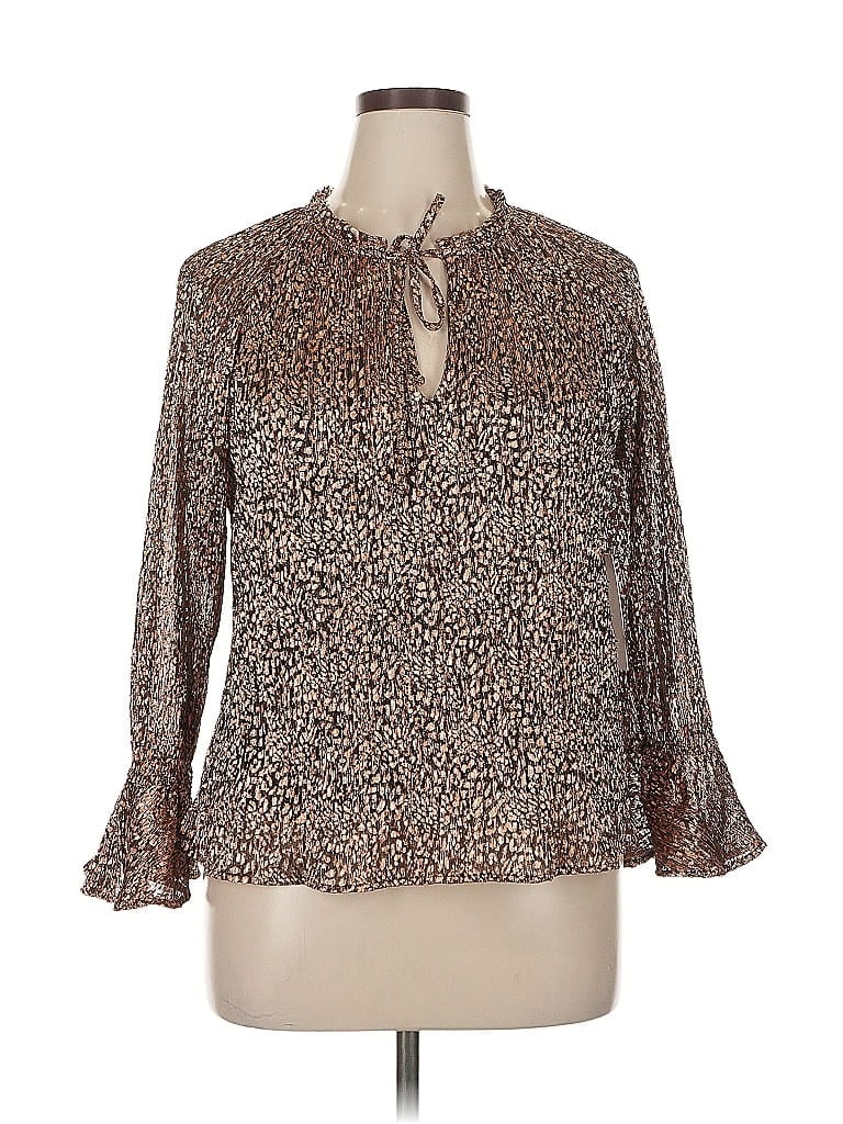 Veronica M. Animal Print Brown Long Sleeve Blouse Size XL - photo 1