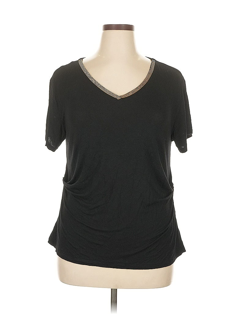 Pre-owned Ellen Tracy Short Sleeve Top Black Solid Pattern V Neck Tops