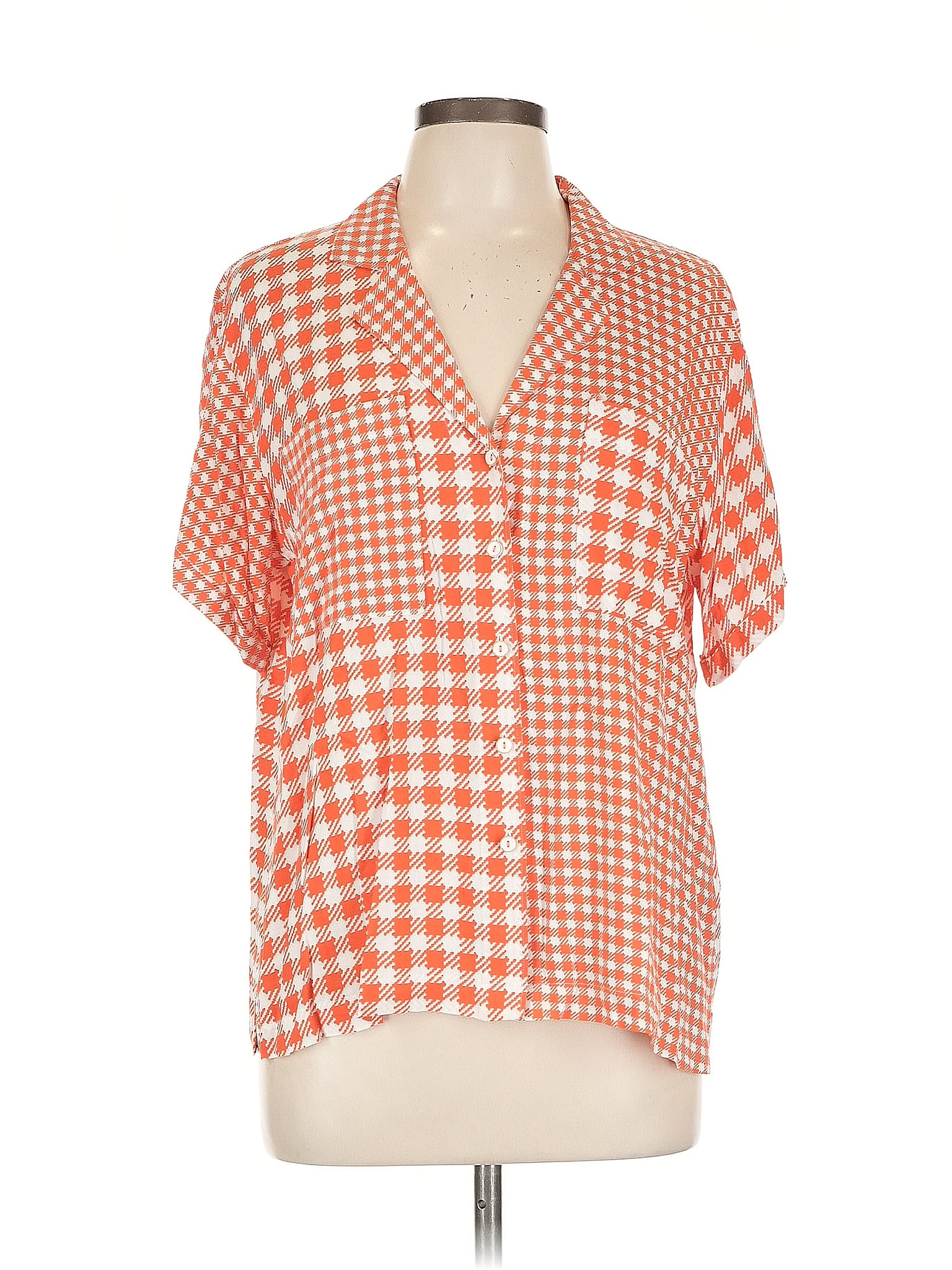 Maeve by Anthropologie 100% Viscose Checkered-gingham Orange Short Sleeve Blouse Size L