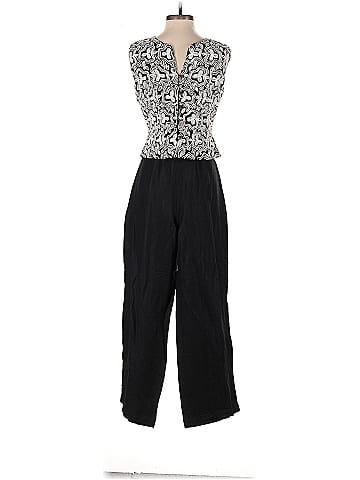 Newport News Embroidered Black Sleeveless Linen Jumpsuit (view 2)