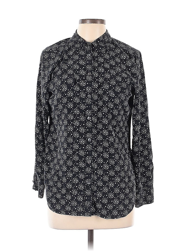 Click to view more detailed imagery on our partner's website Pre-owned Equipment Long Sleeve Silk Top Black Print Pattern Mock Neckline Tops