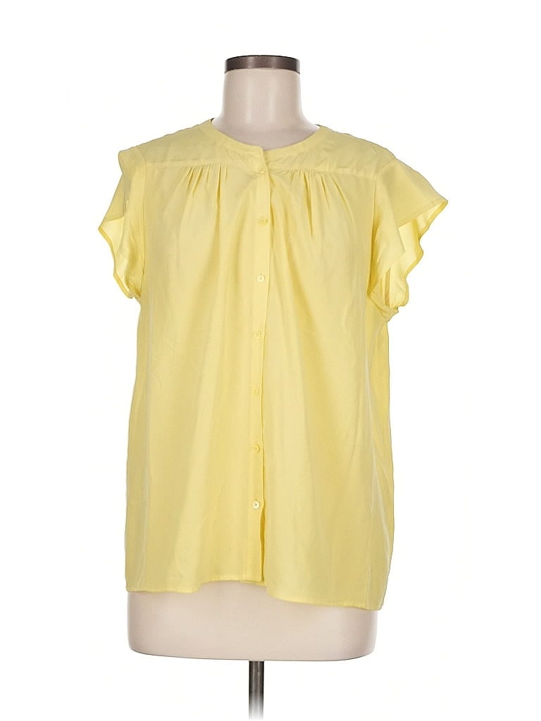 Pre-owned Joie Short Sleeve Silk Top Yellow Ruffles Neckline Tops