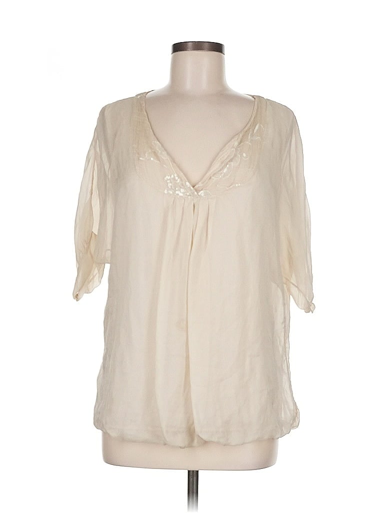 Click to view more detailed imagery on our partner's website Pre-owned Amanti 3/4 Sleeve Silk Top Ivory Plunge Neckline Tops In White