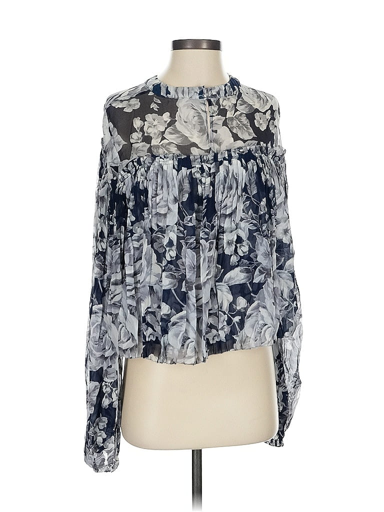 Pre-owned Intermix Long Sleeve Silk Top Blue Tie Neck Tops