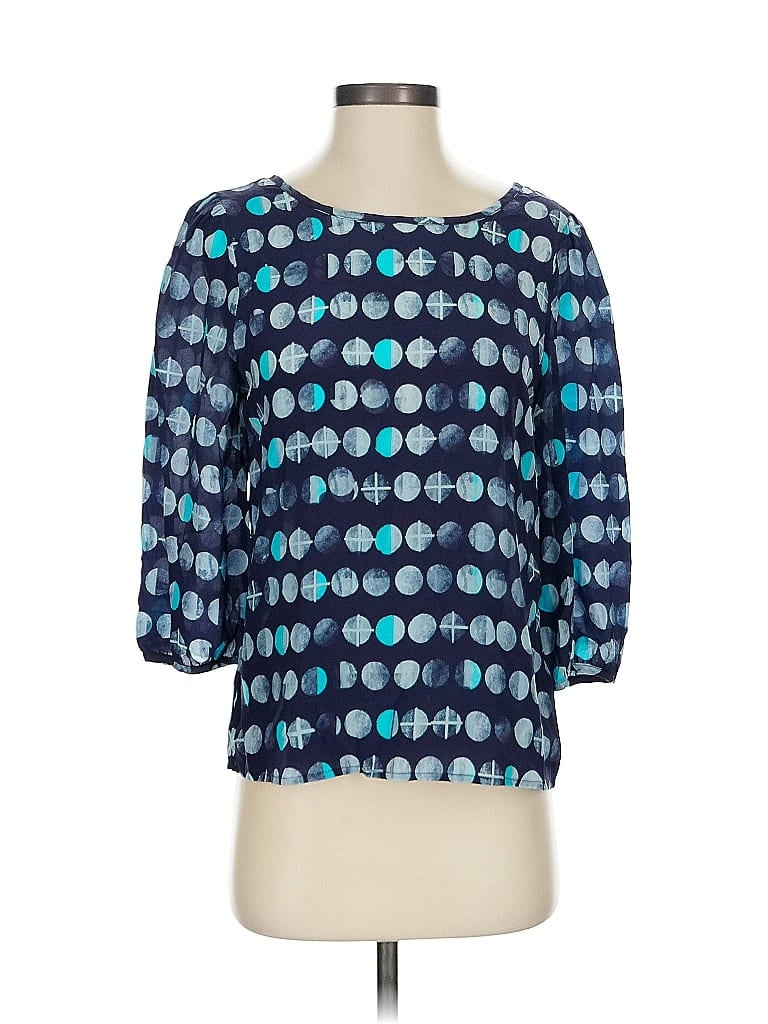Pre-owned Hd In Paris 3/4 Sleeve Silk Top Blue Crew Neck Tops